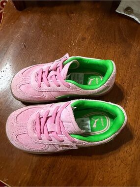 Puma Kids Pink Suede Sneakers with Bright Green Interior
